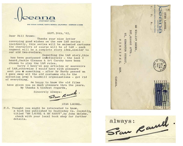 Stan Laurel Letter Signed From 1961 Regarding a Laurel & Hardy Biopic -- ''...last I heard, Jackie Gleason & Art Carney have been chosen to play the L&H roles...''